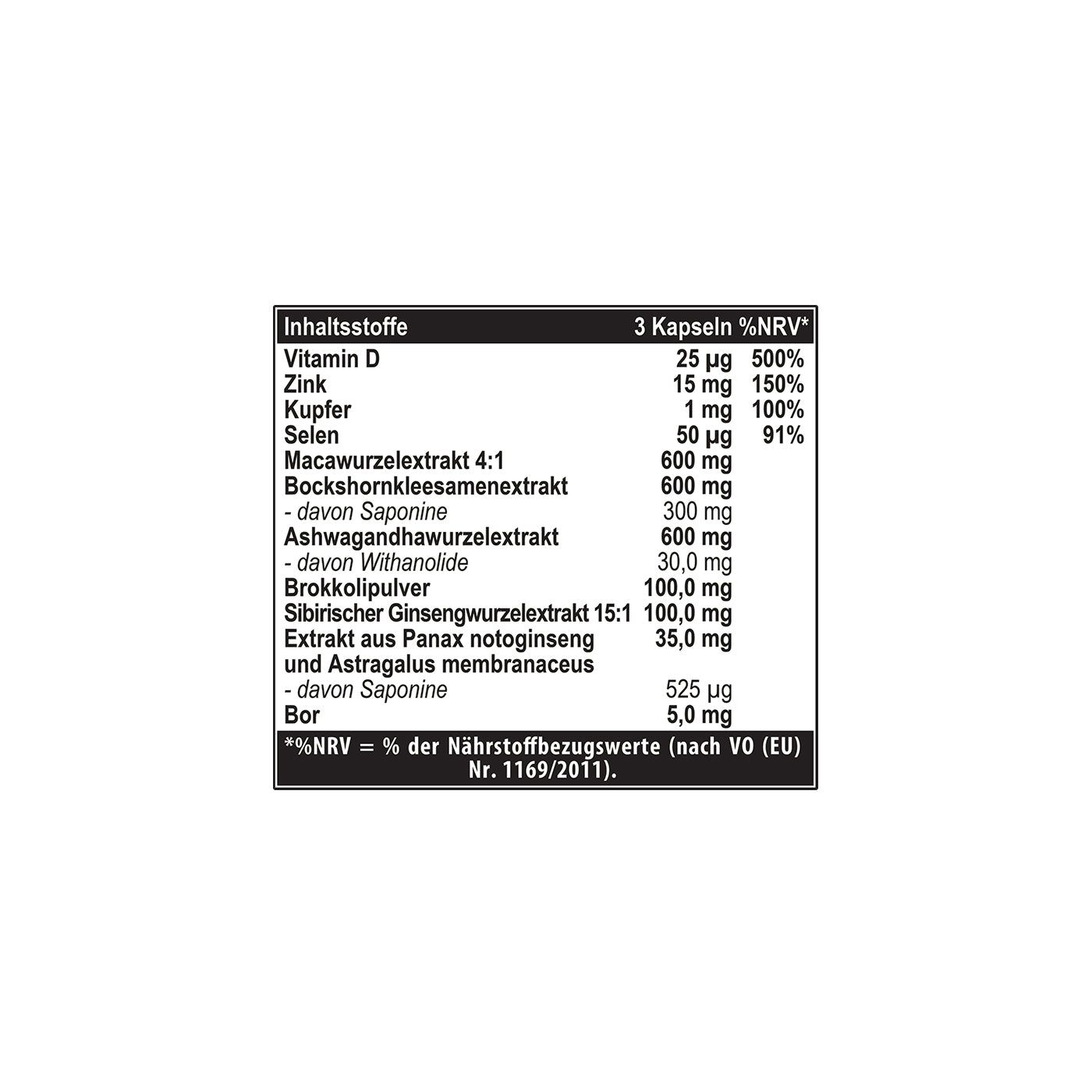 Nahaufnahme der Inhaltsstoffe. Tabelle mit Vitaminen, Mineralien und Extrakten. Prozentuale Nährstoffbezugswerte.