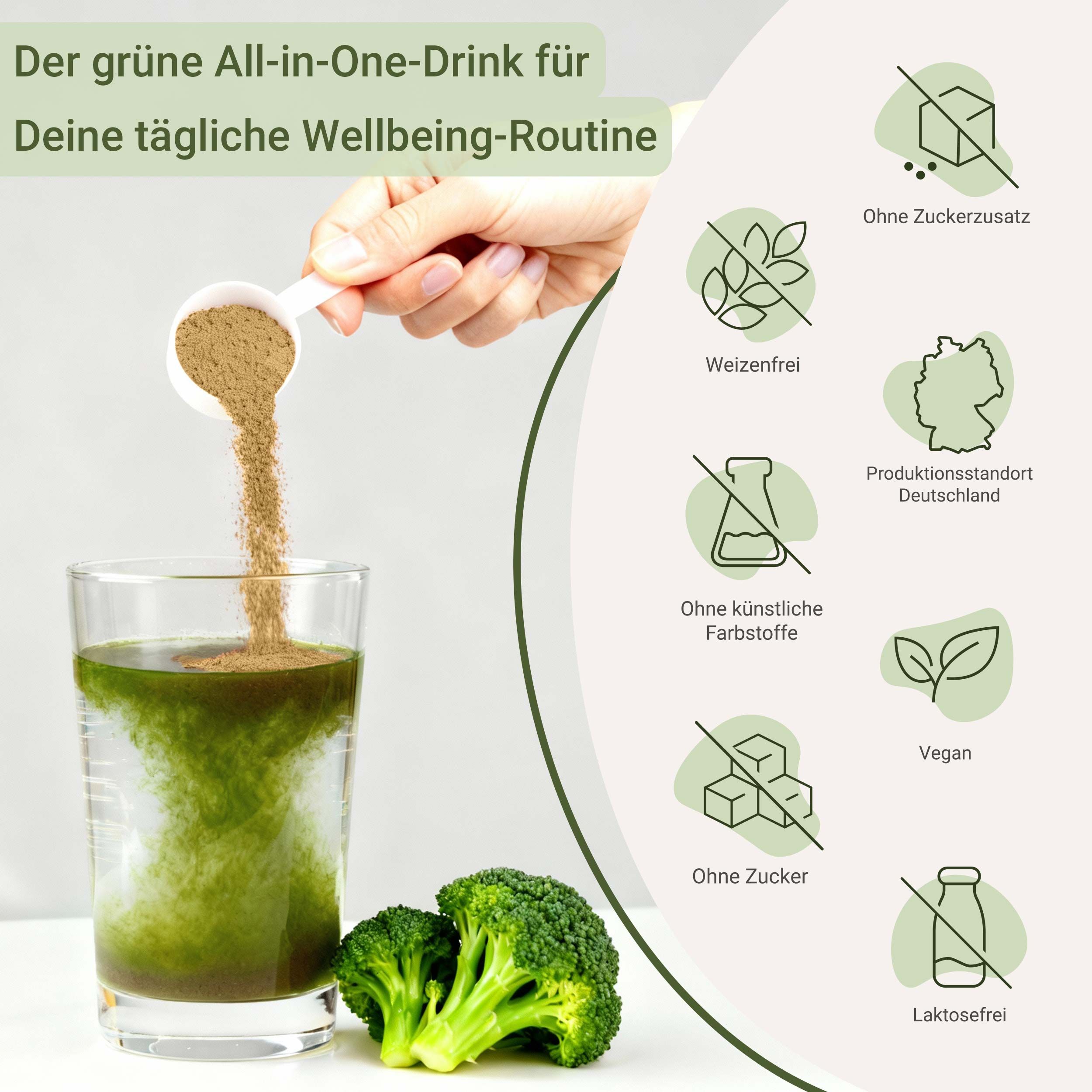 Pulver wird in ein Glas mit Wasser geschüttet. Daneben Brokkoli. Icons zeigen 'Ohne Zuckerzusatz', 'Weizenfrei', 'Vegan', 'Laktosefrei'.