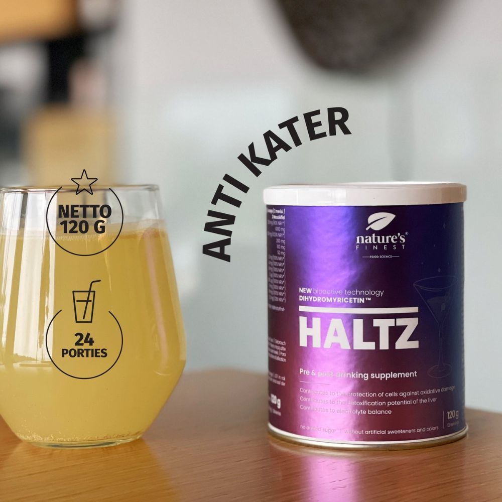 Nature's Finest HALTZ Dose mit Infografiken zu Vorteilen wie Leberunterstützung.