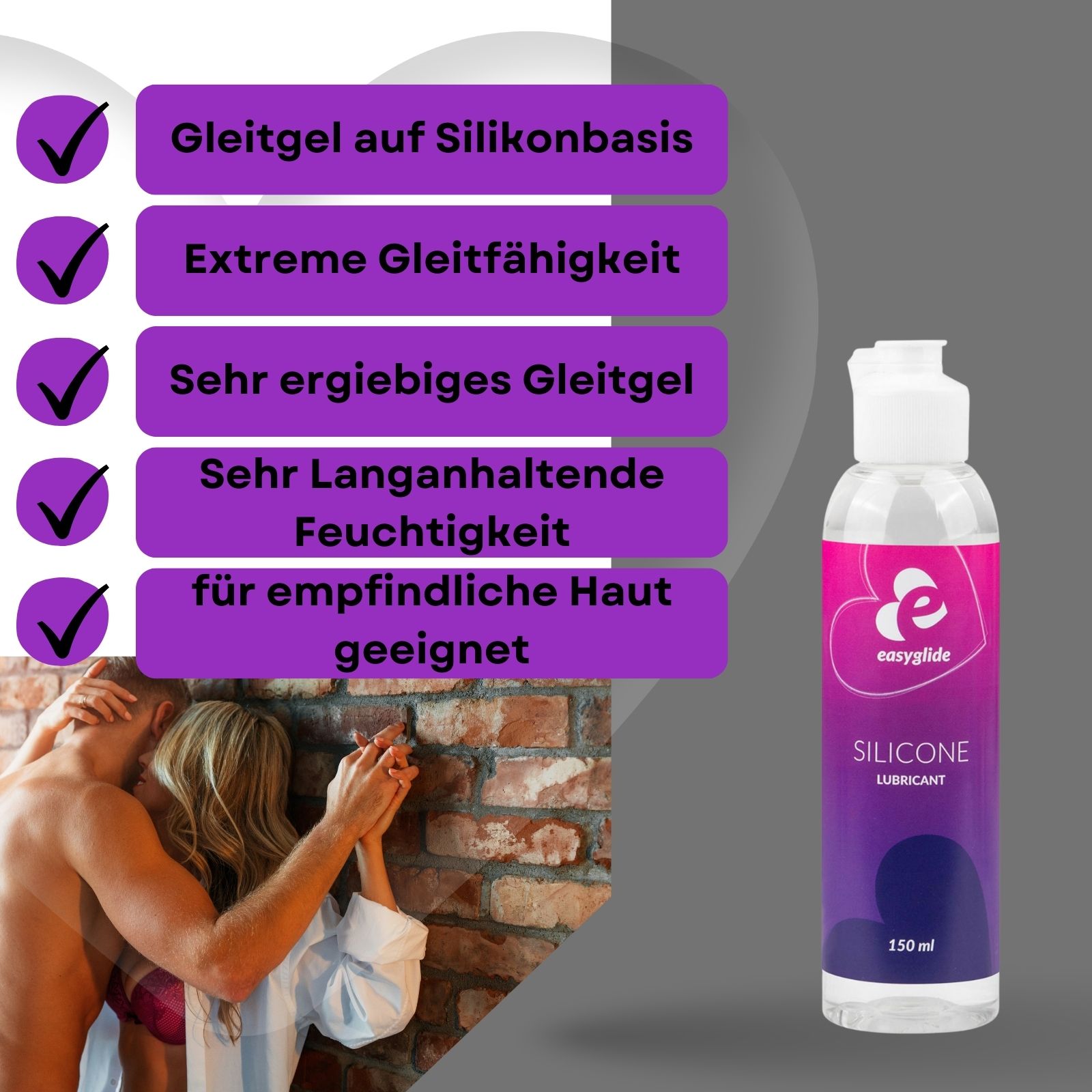 Flasche mit weißem Deckel. Aufschrift: Easyglide, Silicone Lubricant. 150 ml. Hintergrund: Paar.