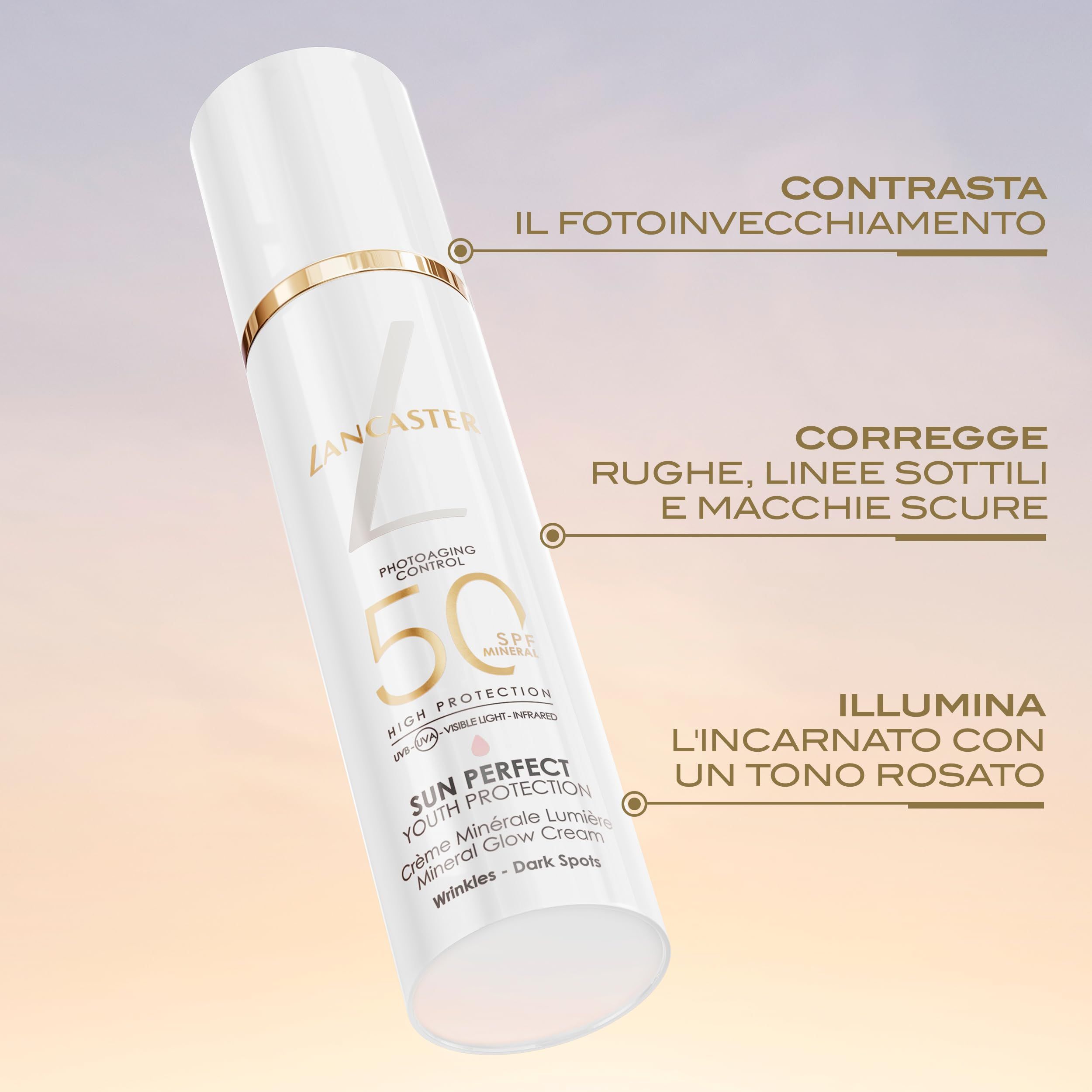 Weiße Tube mit Produkt. Aufschrift: Lancaster, 50 SPF, Sun Perfect Youth Protection, Crème Minérale. Vorteile.