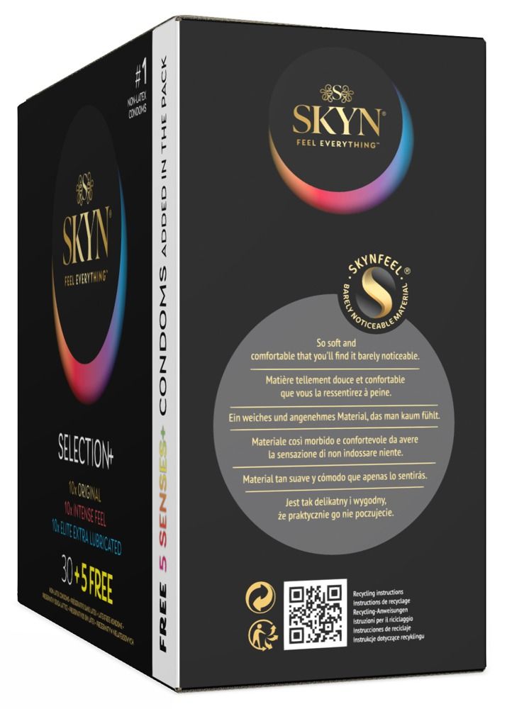 Schwarze Verpackung SKYN Selection+ mit Produktinformationen und Logos. Enthält 35 Kondome.