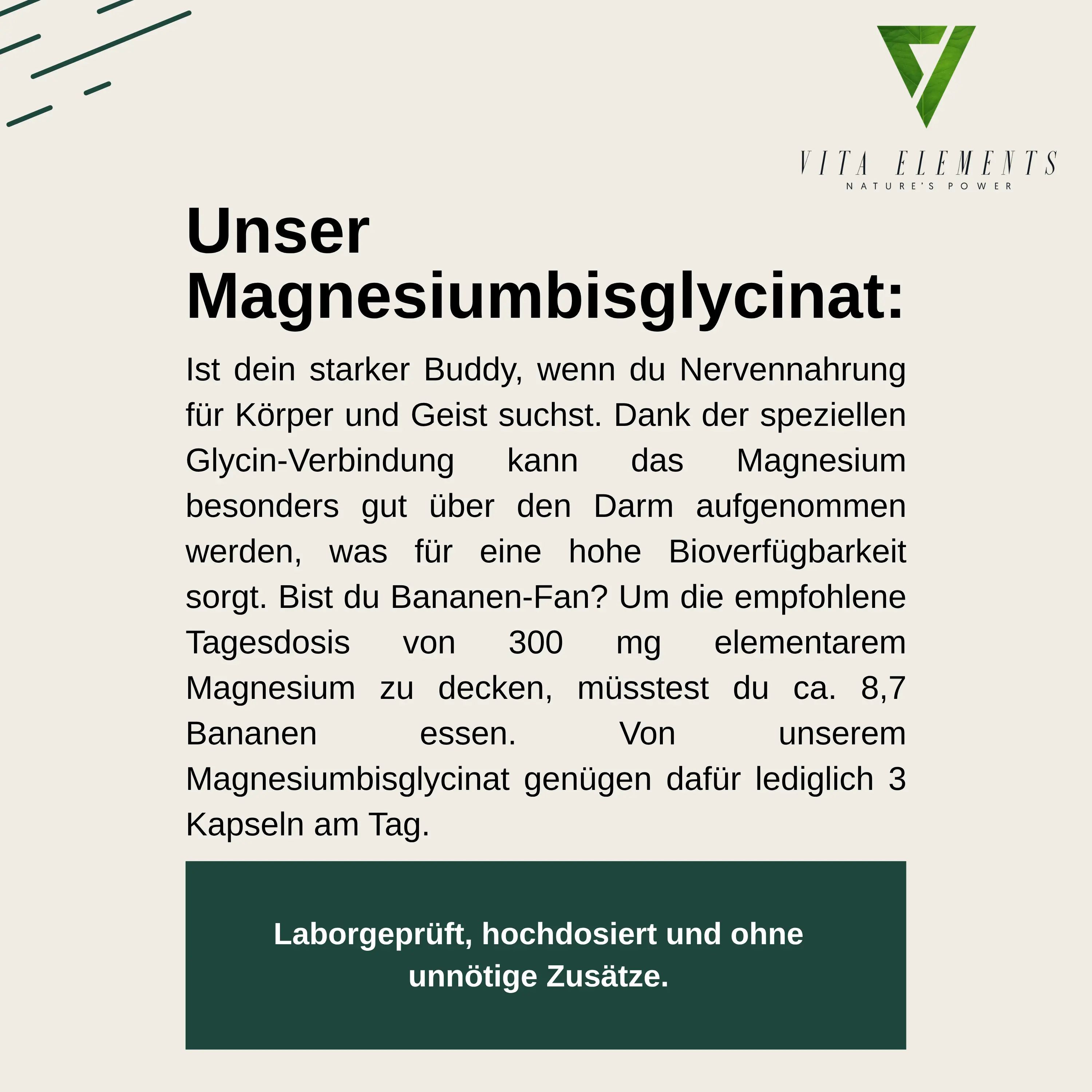Text mit Informationen zu Magnesiumbisglycinat. Enthält Angaben zu Inhaltsstoffen und Vorteilen. Laborgeprüft, hochdosiert und ohne Zusätze.