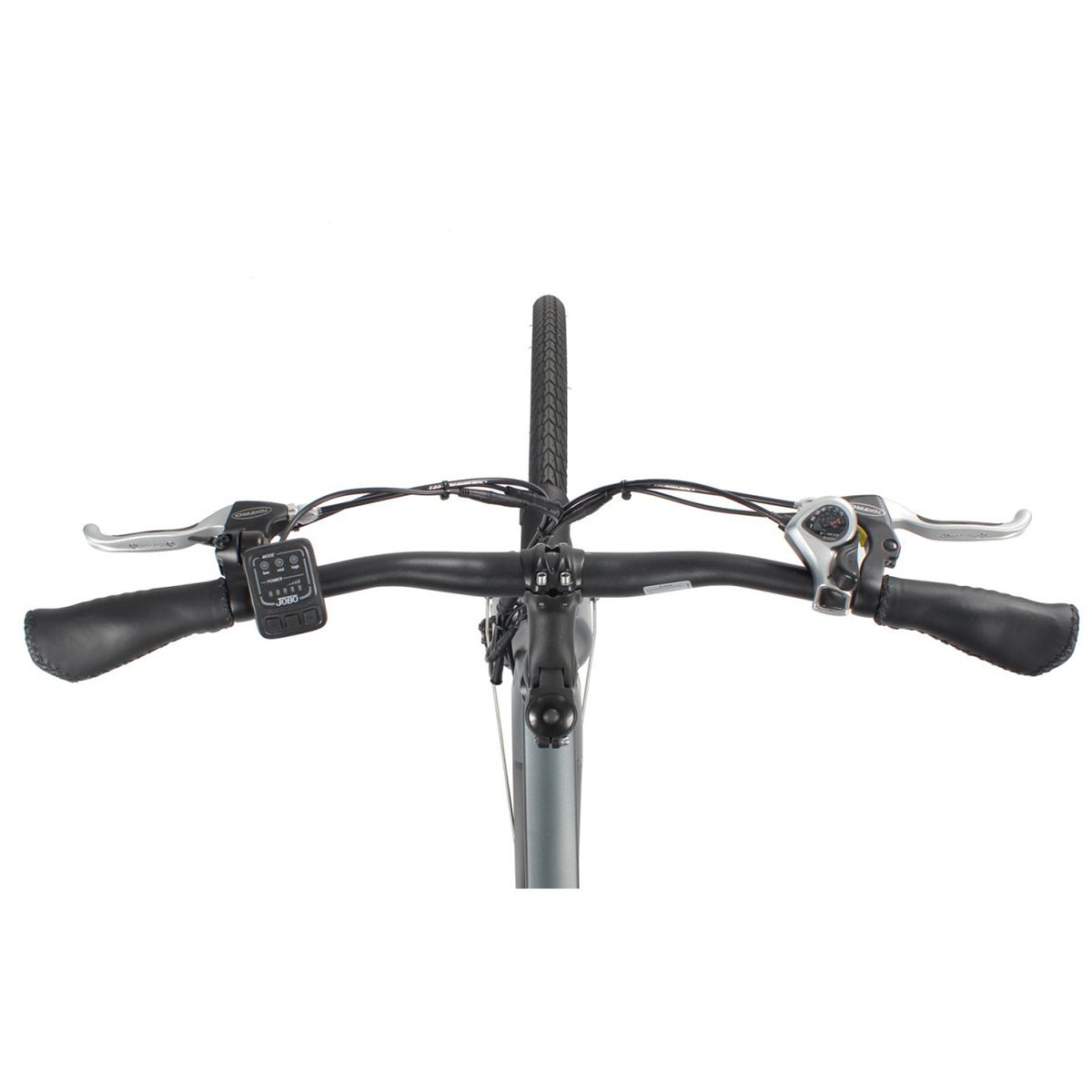 Draufsicht auf den Lenker eines E-Bikes. Griffe, Bremshebel, Display und Bedienelemente.