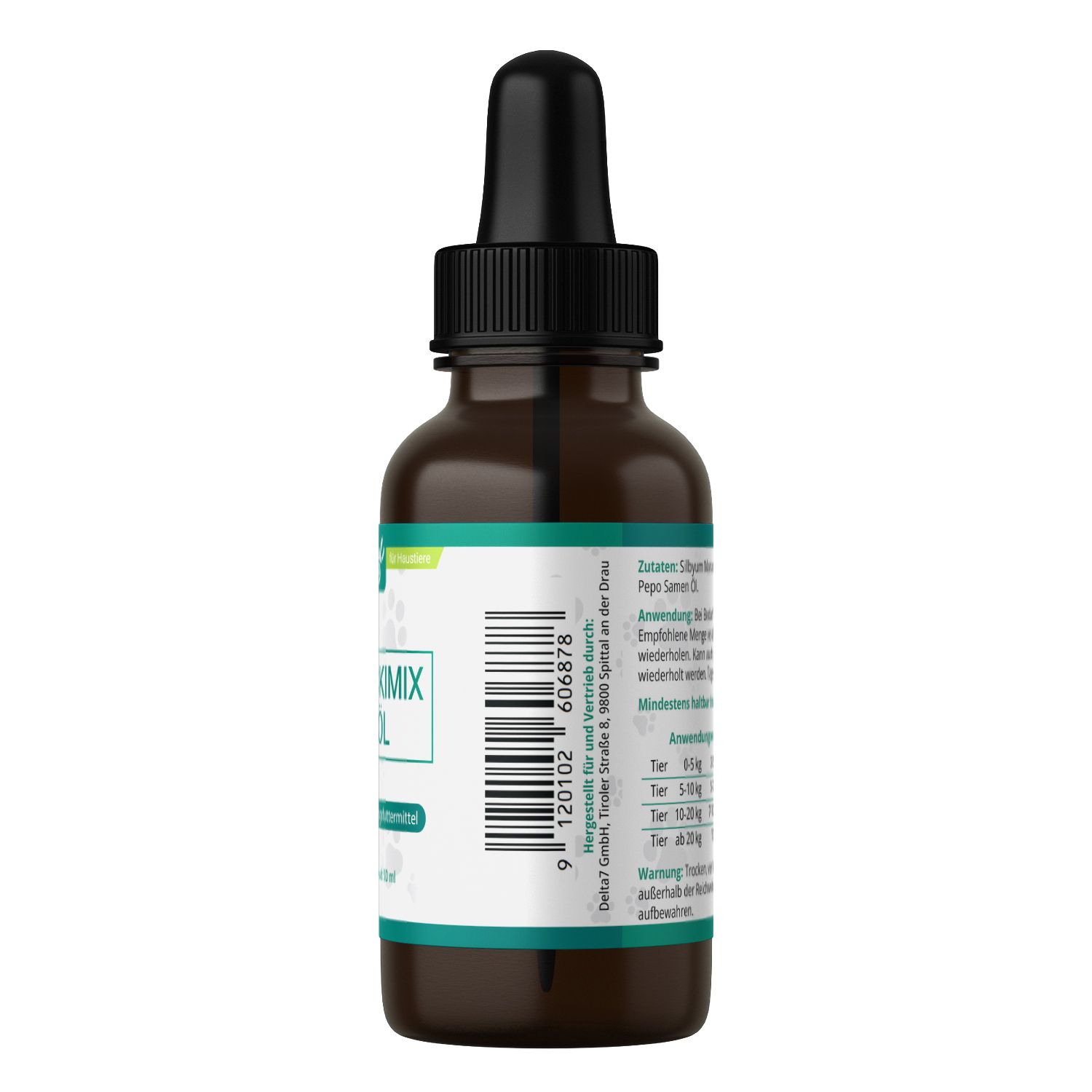Braune Glasflasche mit Barcode und Etikett. Produktname und Logo sichtbar. Ergänzungsfuttermittel für Hunde und Katzen.