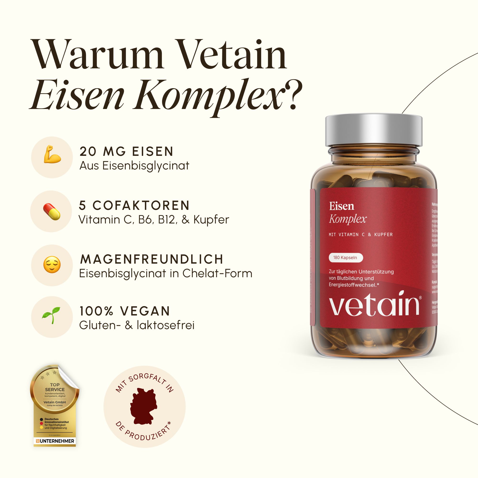 VETAIN Eisen Komplex: 20mg Eisen, 5 Cofaktoren, magenfreundlich, 100% vegan, gluten- & laktosefrei.