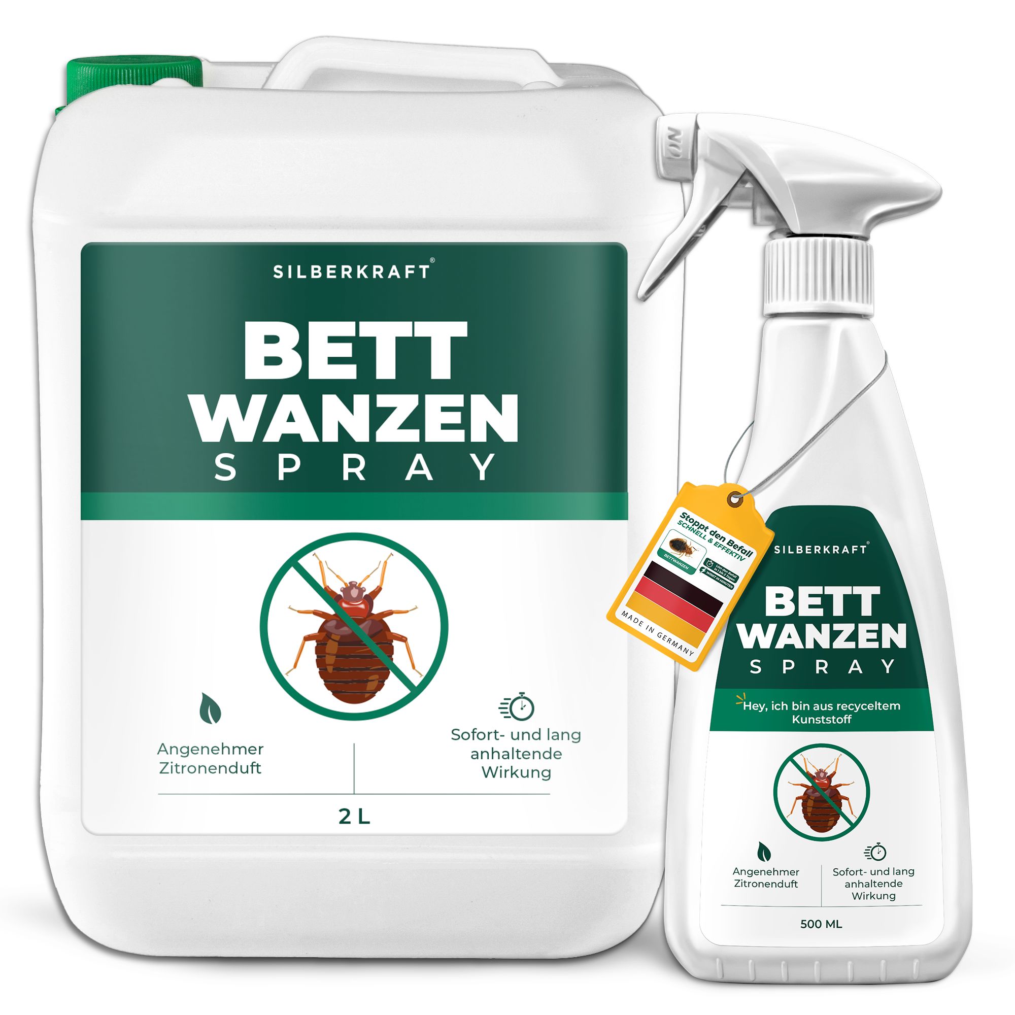 2L Kanister und 500ml Sprühflasche Bettwanzen Spray, beide mit Zitronenduft.