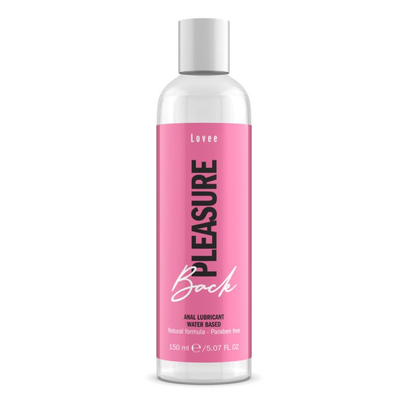 Transparente Flasche mit rosa Etikett. Aufschrift "PLEASURE Back". Enthält 150 ml. Anal-Gleitmittel, wasserbasiert. Marke: Lovee.