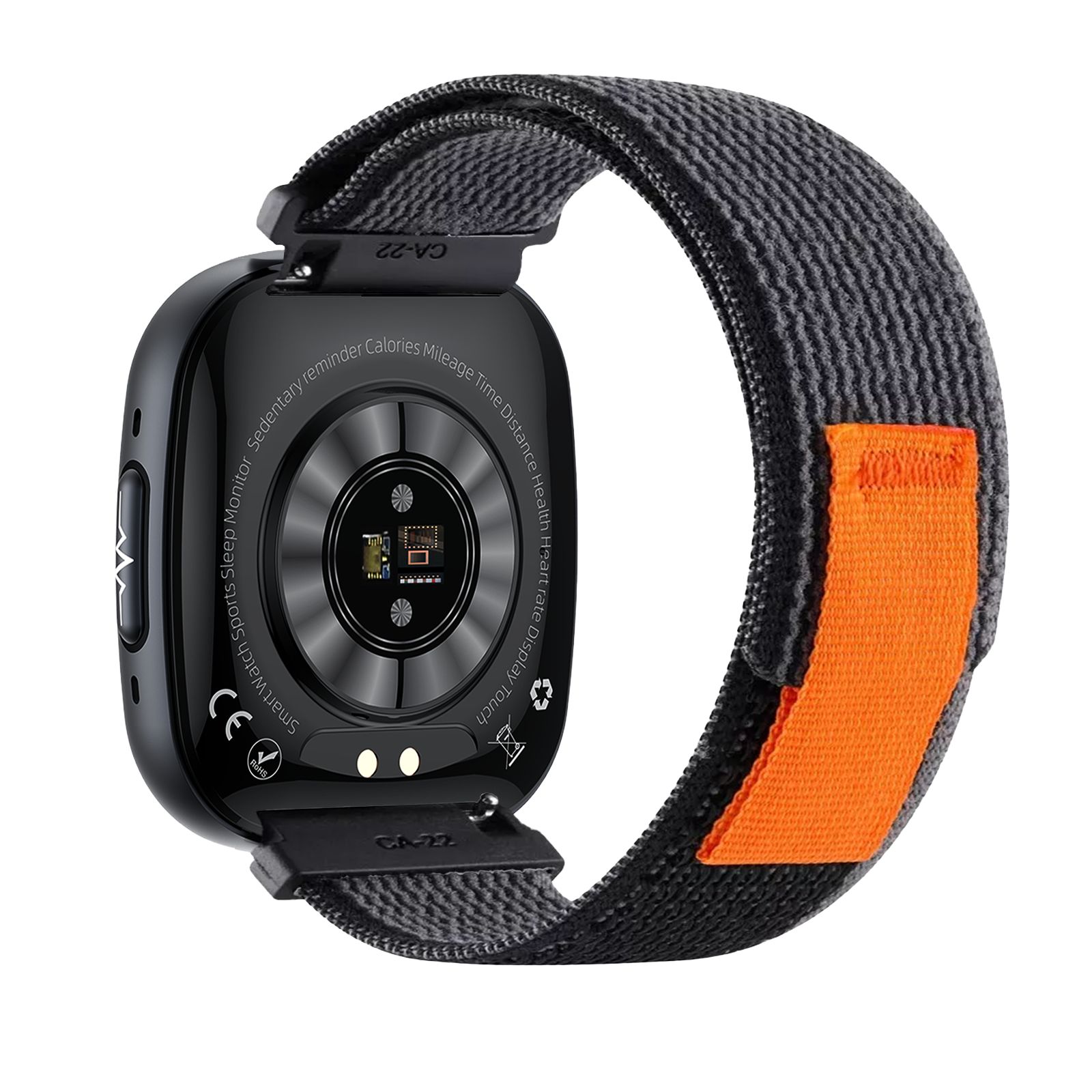 Rückseite einer Smartwatch mit Herzfrequenzsensor und CE-Zeichen. Schwarzes Armband mit orangefarbenem Akzent.