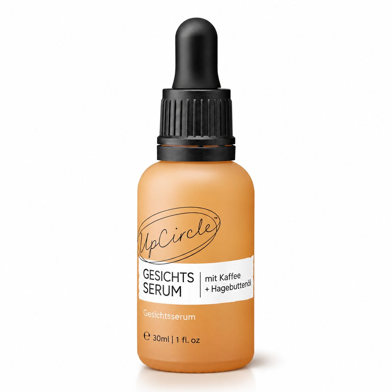 UpCircle Gesichts-Serum in einem orangen Flakon mit Pipettenverschluss. Enthält Kaffee und Hagebuttenextrakt.