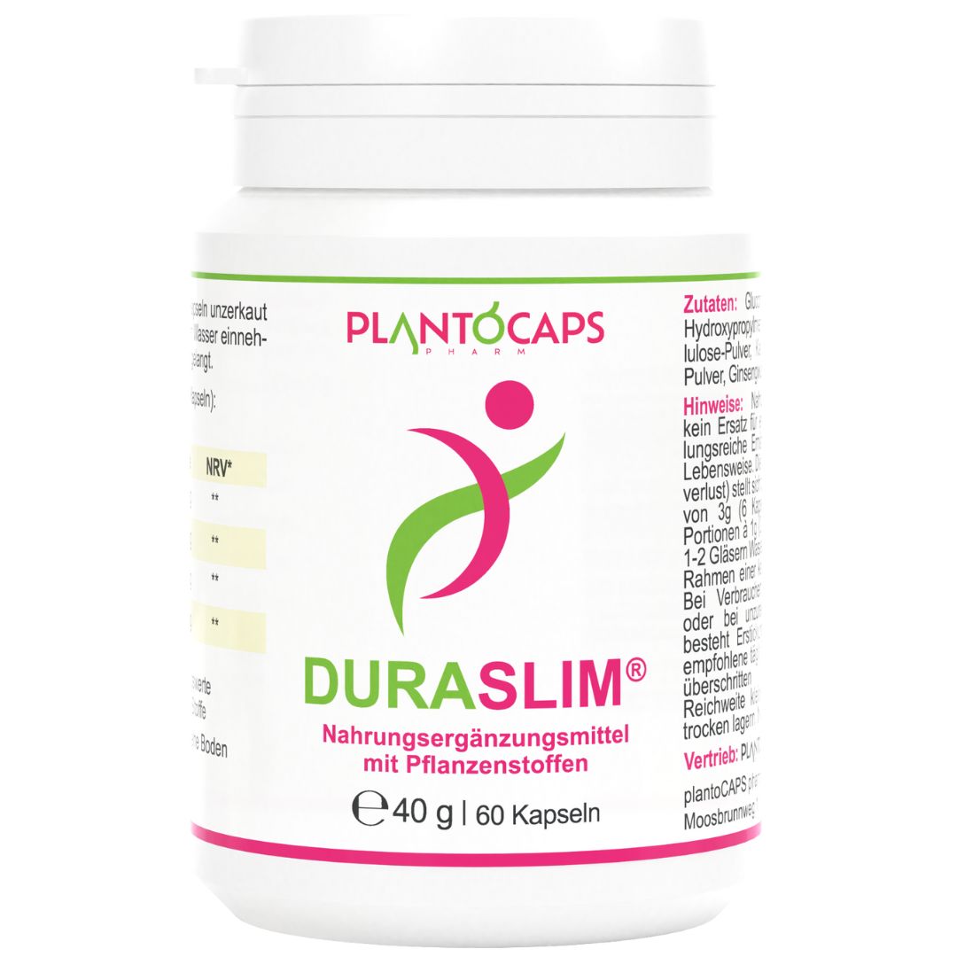 Weiße Flasche plantoCAPS DURASLIM. Aufschrift: 60 Kapseln. Nahrungsergänzungsmittel mit Pflanzenstoffen. Logo mit grüner und roter Figur.