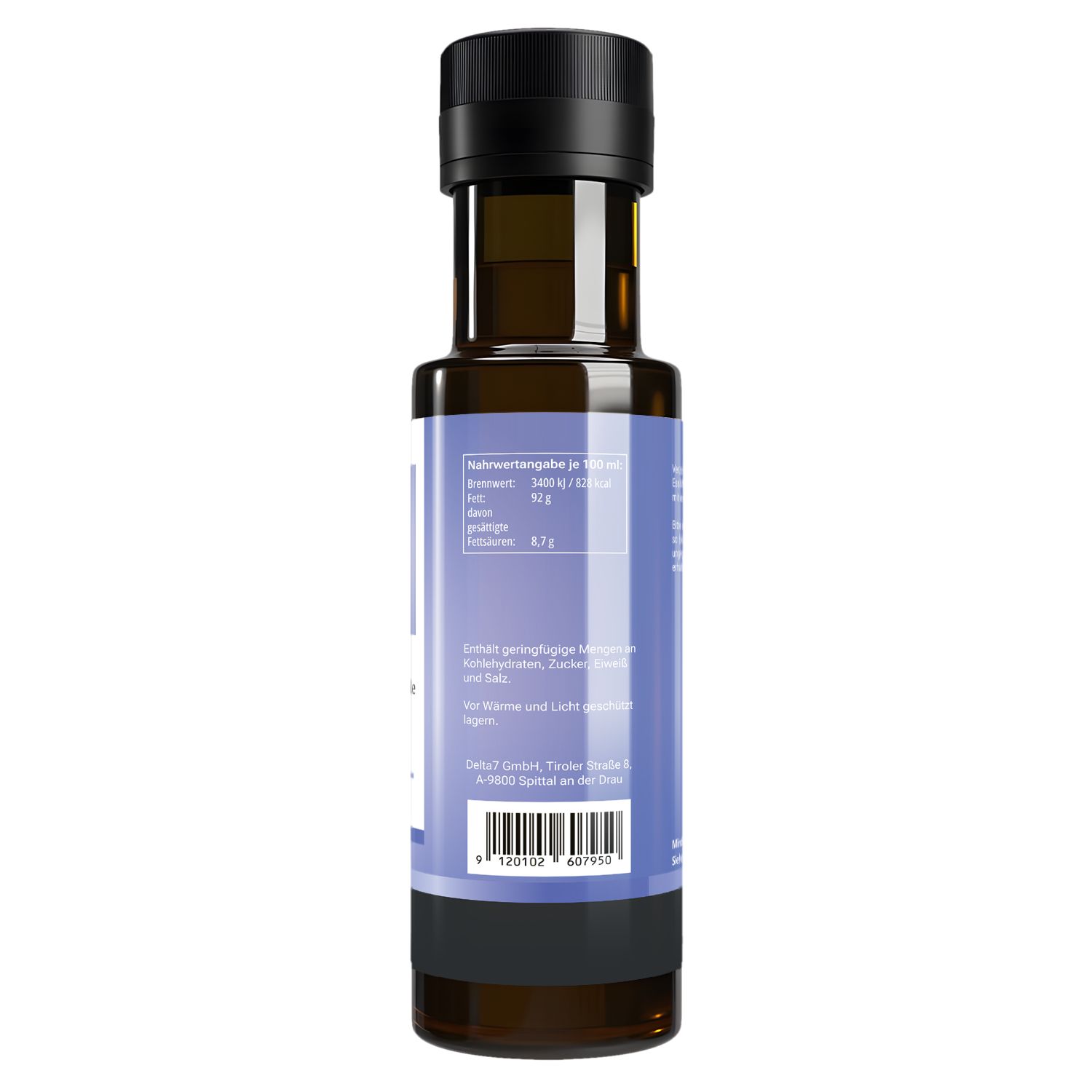Braune Glasflasche mit schwarzem Deckel. Rückseite mit Nährwertangaben und Herstellerinformationen.