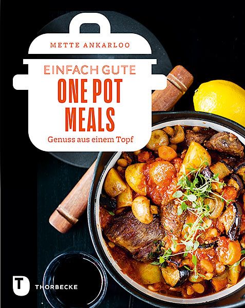 Kochbuch mit dem Titel "Einfach gute One Pot Meals". Auf dem Cover ein Topf mit Essen, daneben Zitrone und Holz.