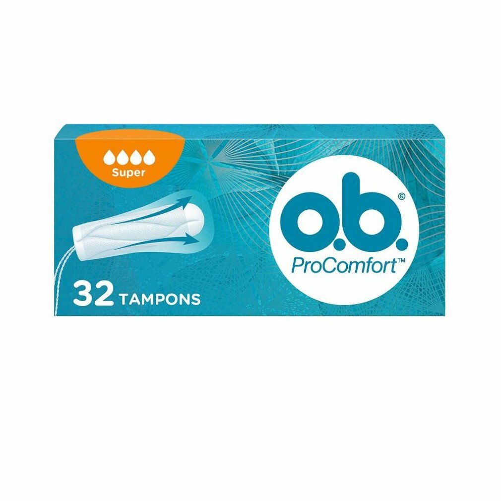 Packung mit 32 Tampons. Marke: o.b. ProComfort. Blaue Verpackung mit Produktabbildung und Super-Kennzeichnung.