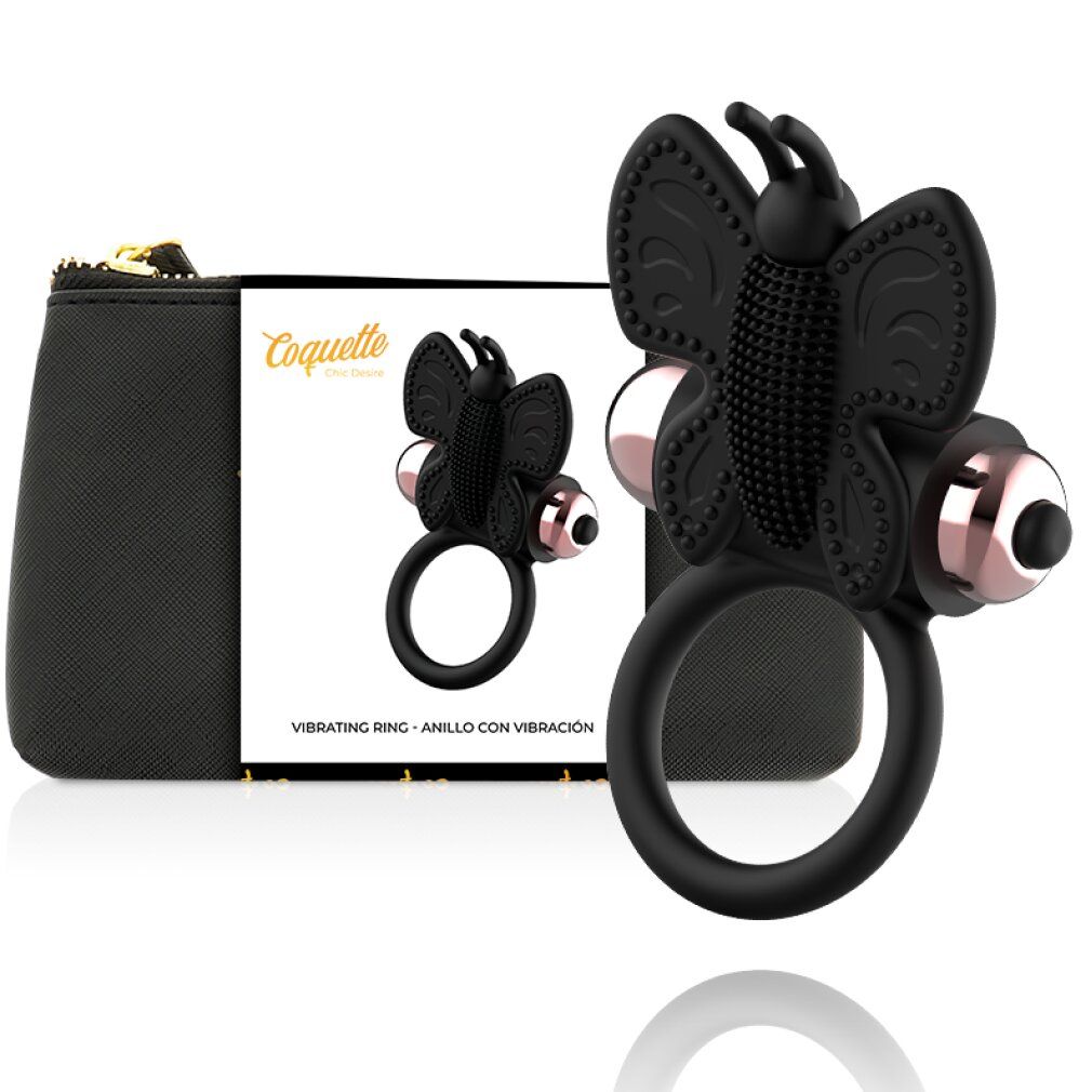 Vibrationsring mit Schmetterlingsdesign, Verpackung mit Produktname und Logo.