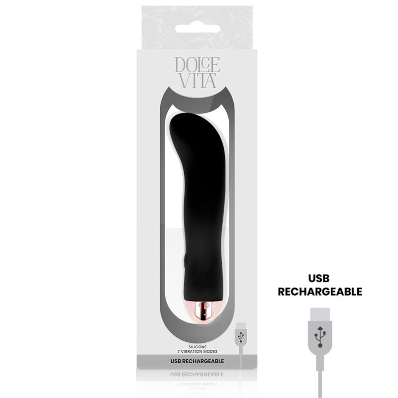 Schwarzer Silikon-Vibrator in Verpackung. Produktname und USB-Ladefunktion sind aufgedruckt.