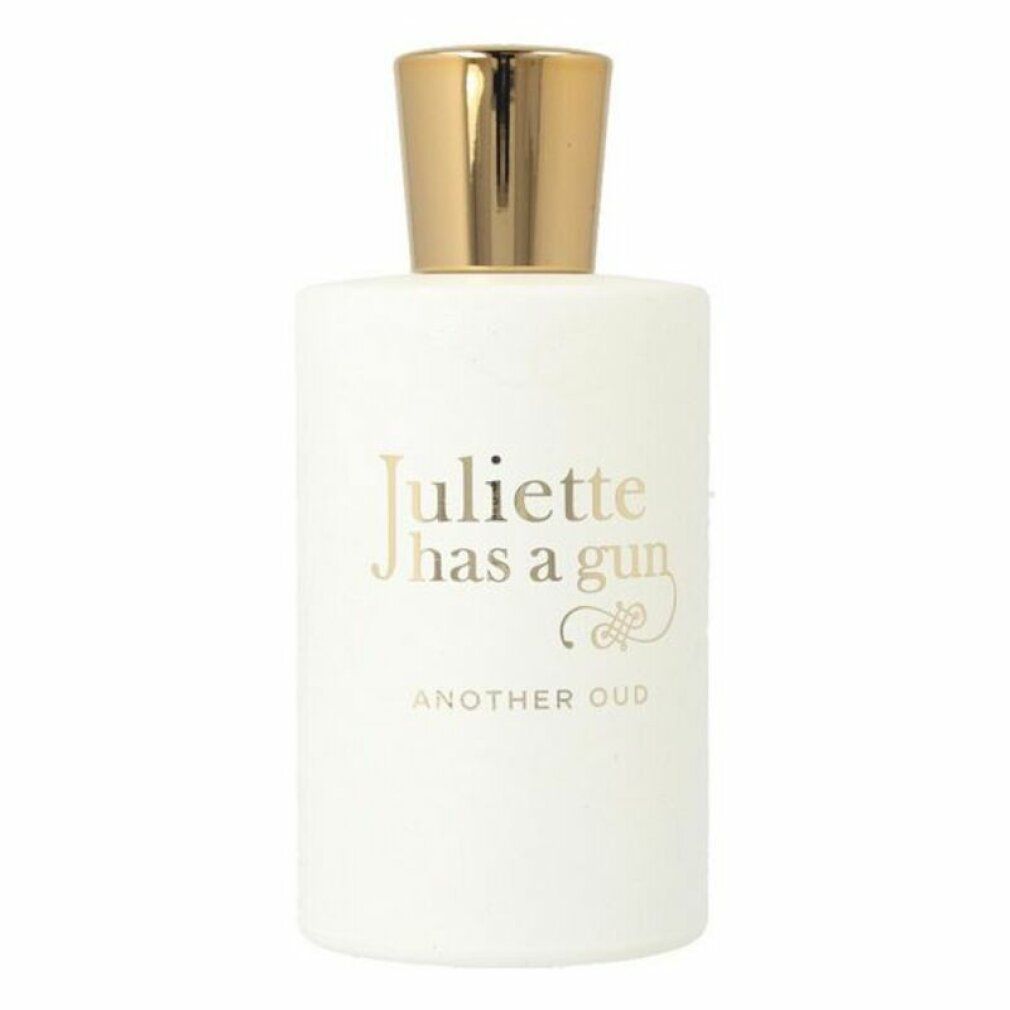 Weiße Flasche mit goldener Kappe. Goldener Schriftzug: Juliette has a gun, Another Oud.