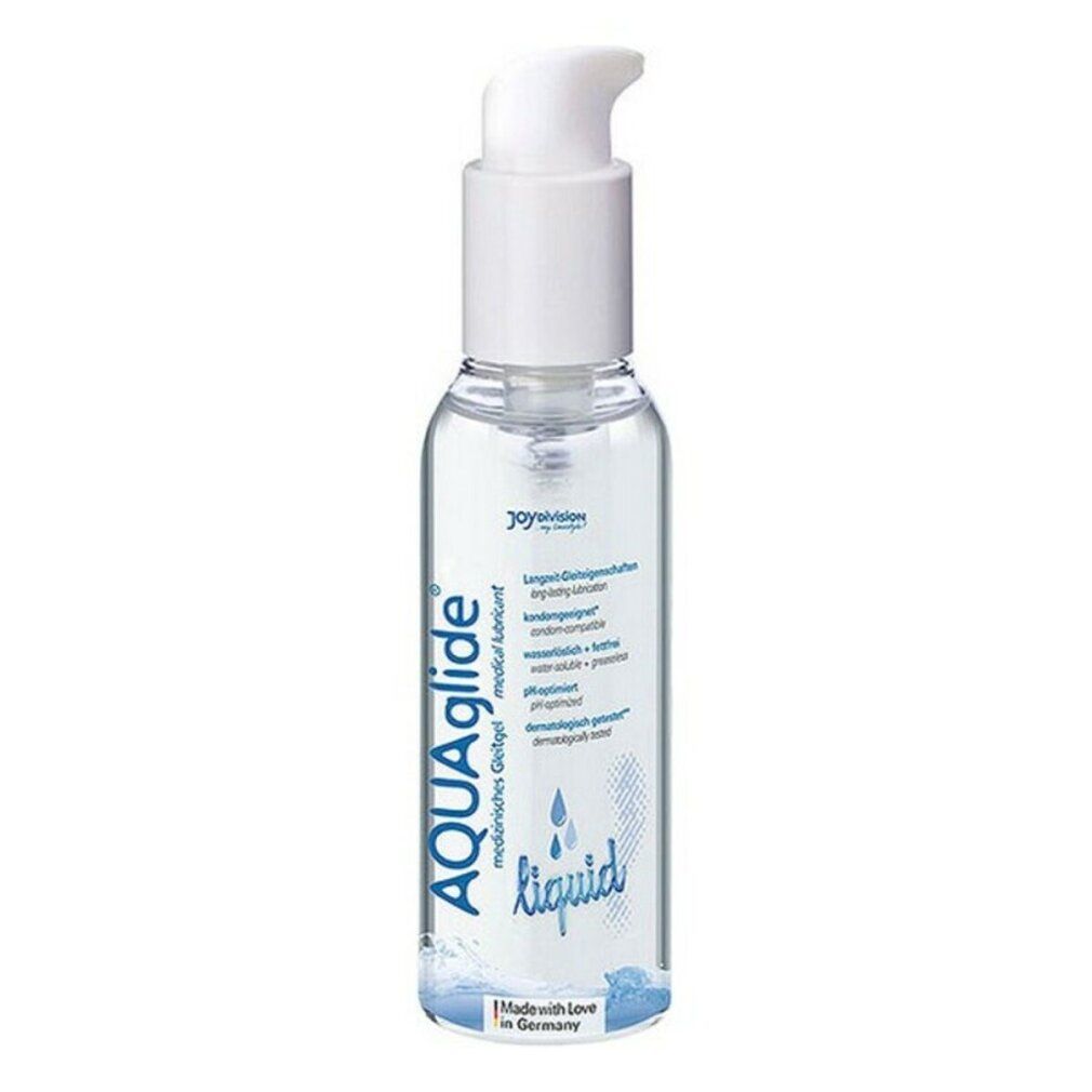 AQUAglide medical lubricant, transparente Flasche mit weißem Pumpkopf. Blaue und weiße Etiketten mit Produktinformationen.