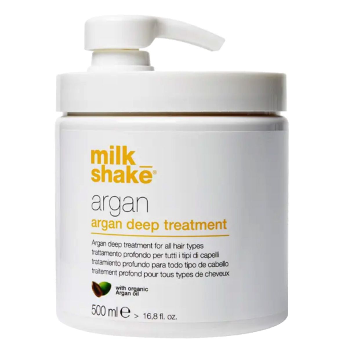 Weiße Flasche mit Pumpspender, Milk Shake Argan Tiefenpflege, 500 ml.