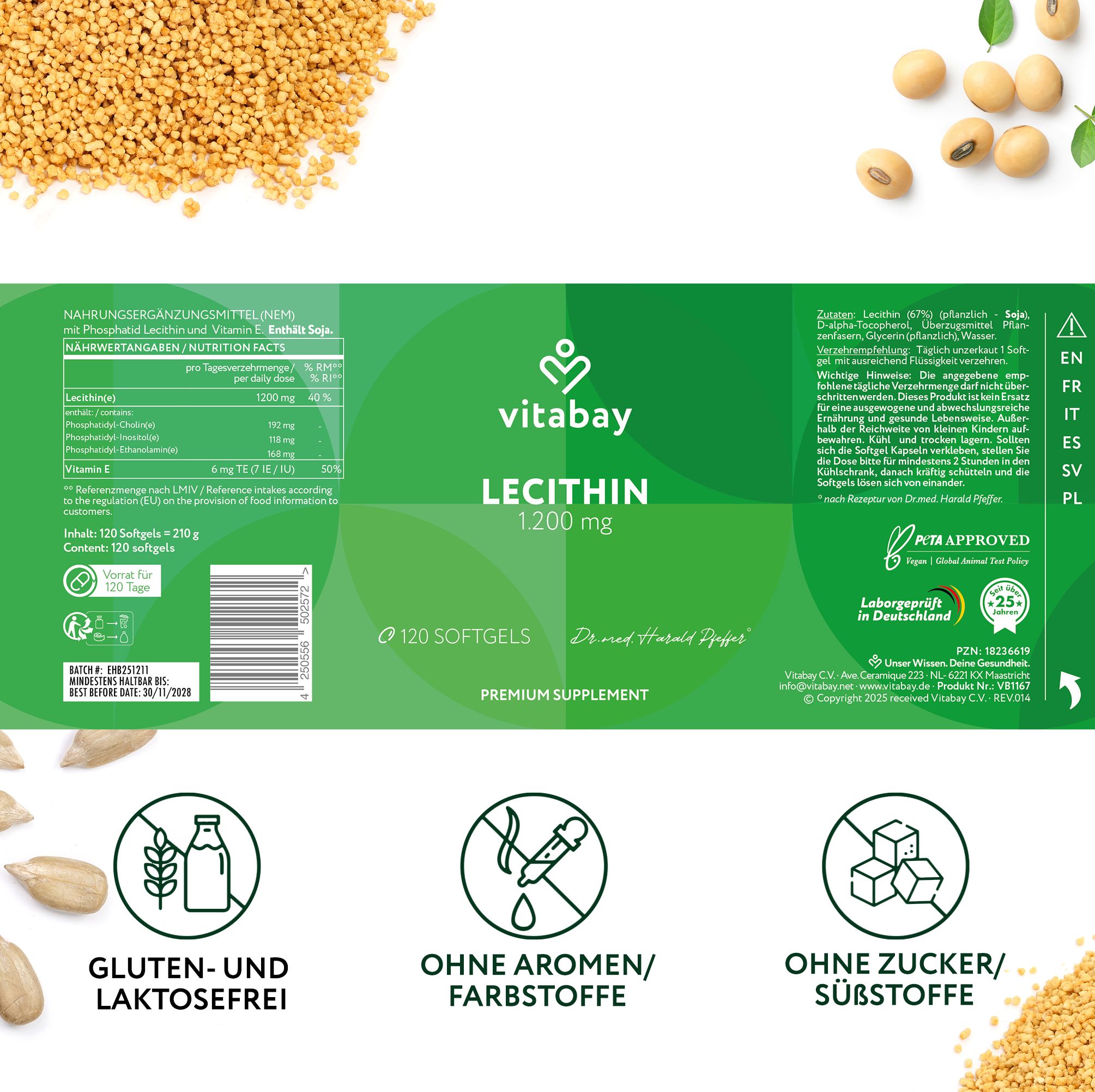 Etikett Vitabay Lecithin 1.200 mg. 120 Softgels. Inhaltsstoffe. Ohne Aromen/Farbstoffe. Gluten- und laktosefrei. Laborgeprüft.