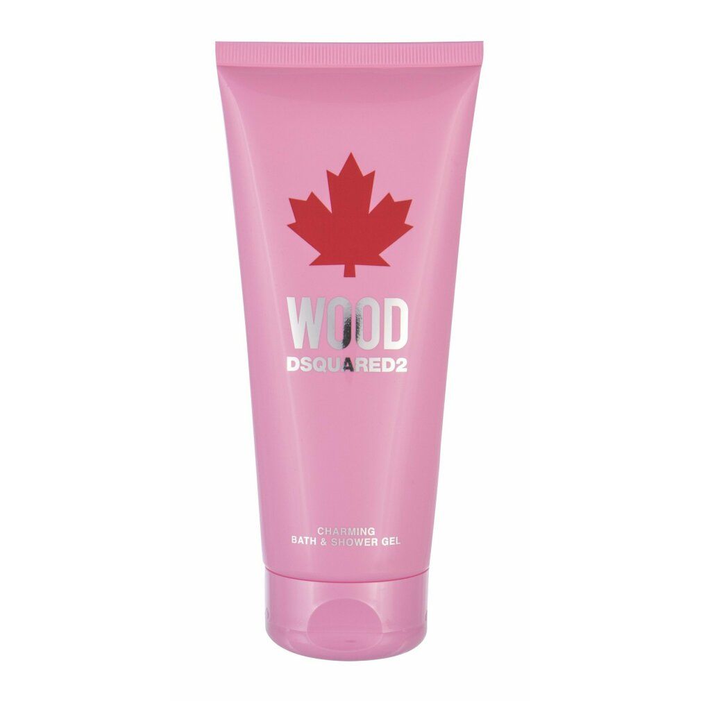 Dsquared2 Wood Pour Femme Bath & Shower Gel in rosa Tube mit rotem Ahornblatt-Logo und silbernem Schriftzug.