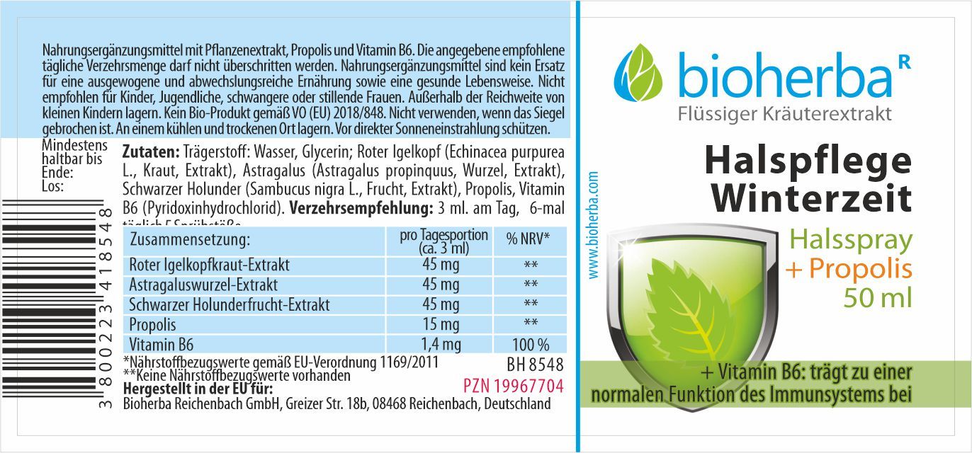 Etikett mit Produktinformationen. Enthält Text zu Inhaltsstoffen, Dosierung und Hersteller. Marke: Bioherba.