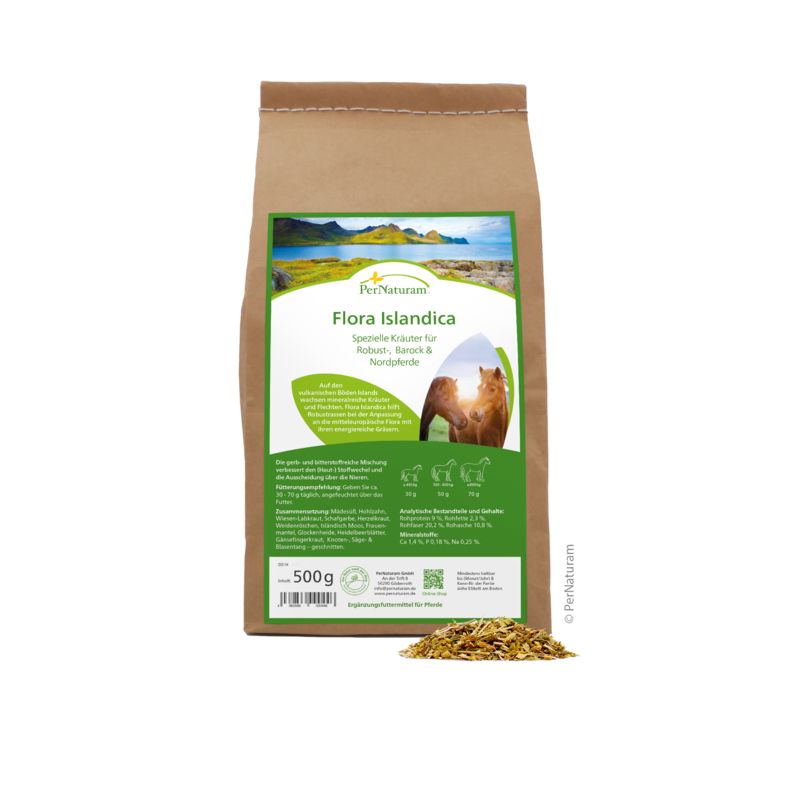 Braune Papiertüte mit grünem Etikett. Aufschrift: Flora Islandica. Darunter ein Bild von einem Pferd. Unten: 500g.