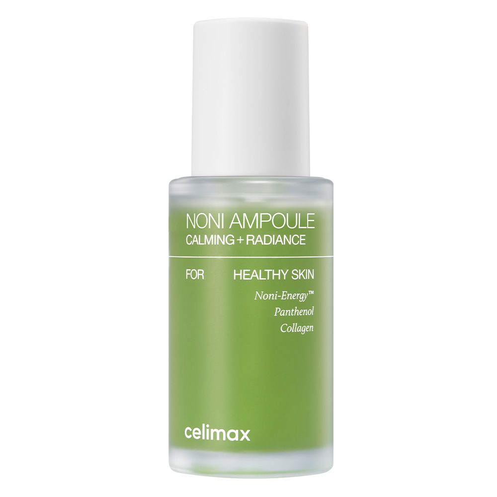 Celimax Noni Energy Ampoule mit weißem Deckel und grünem Fläschchen.