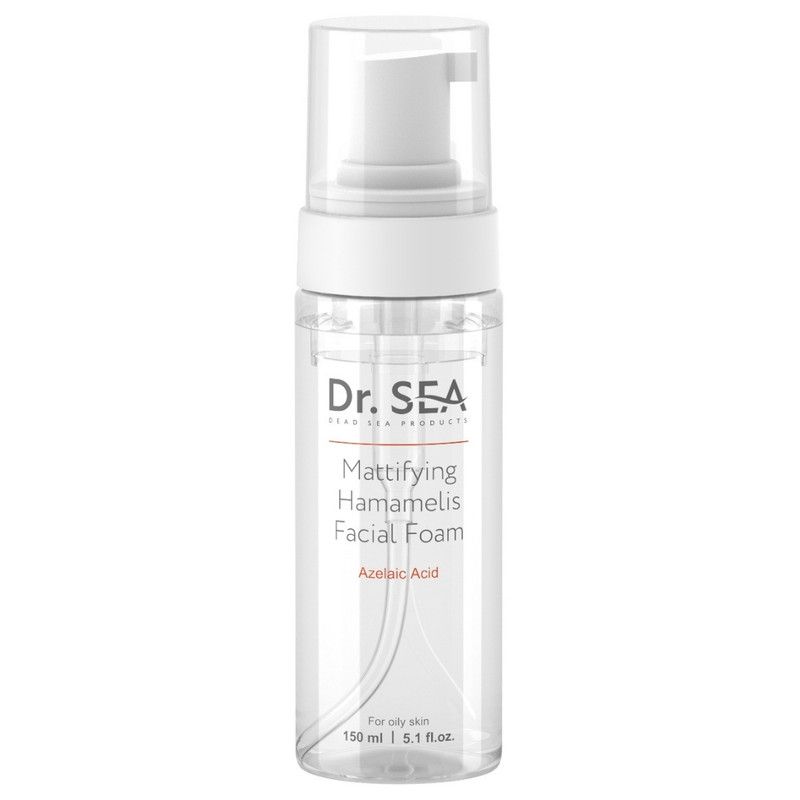 Klarer Behälter mit weißem Pumpkopf. Aufschrift: Dr. SEA, Mattifying Hamamelis Facial Foam, Azelainsäure.