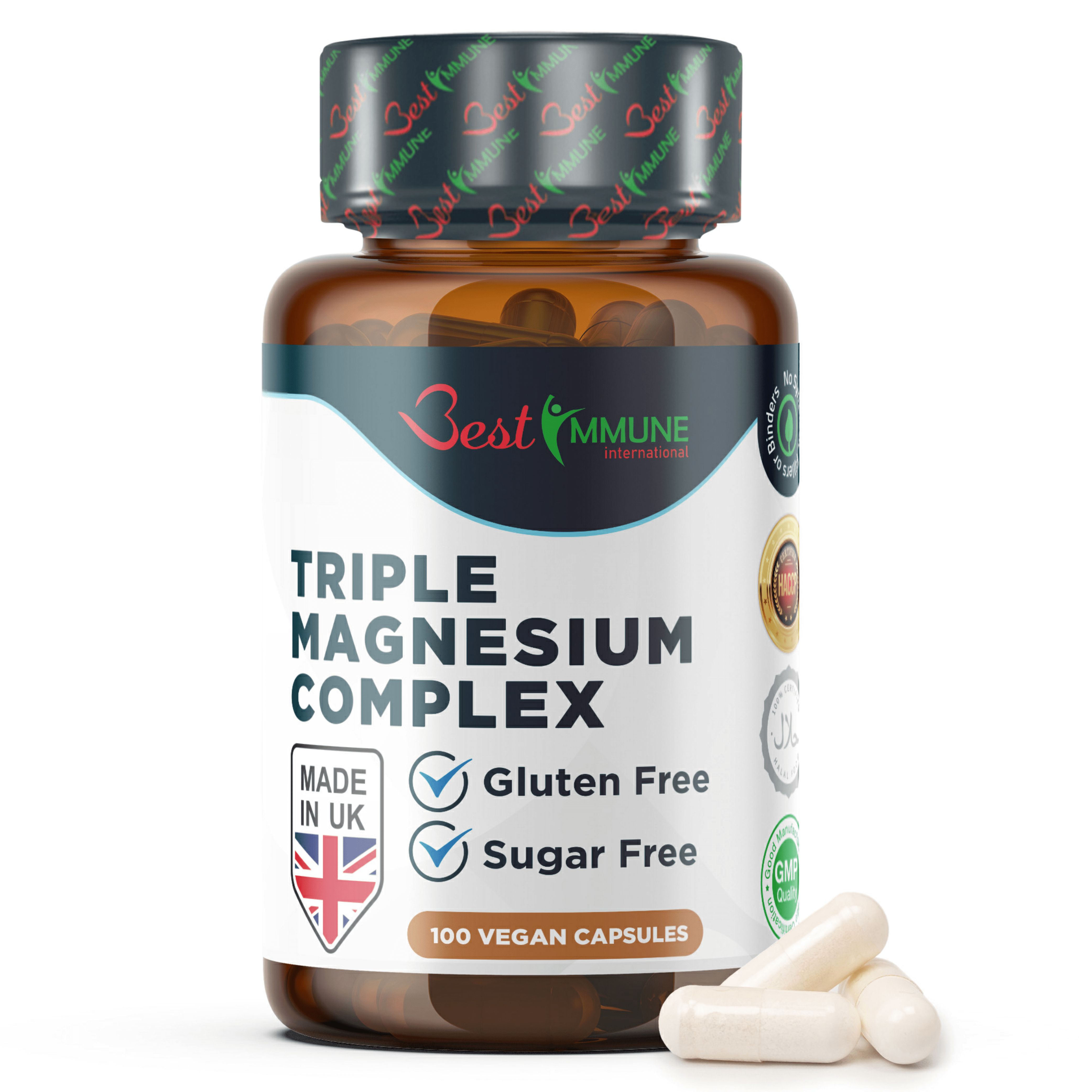 Flasche Triple Magnesium Complex, Made in UK, 100 vegane Kapseln. Zuckerfrei, Glutenfrei. Einzelne Kapseln daneben.