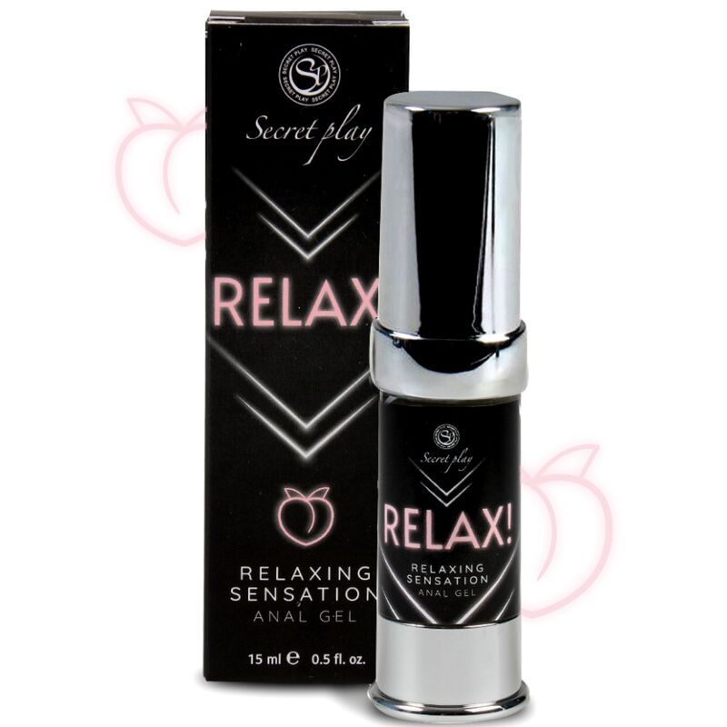 Schwarze Verpackung und Flasche. Aufschrift "Secret Play RELAX!" und "Relaxing Sensation Anal Gel". Flasche mit silberner Kappe.