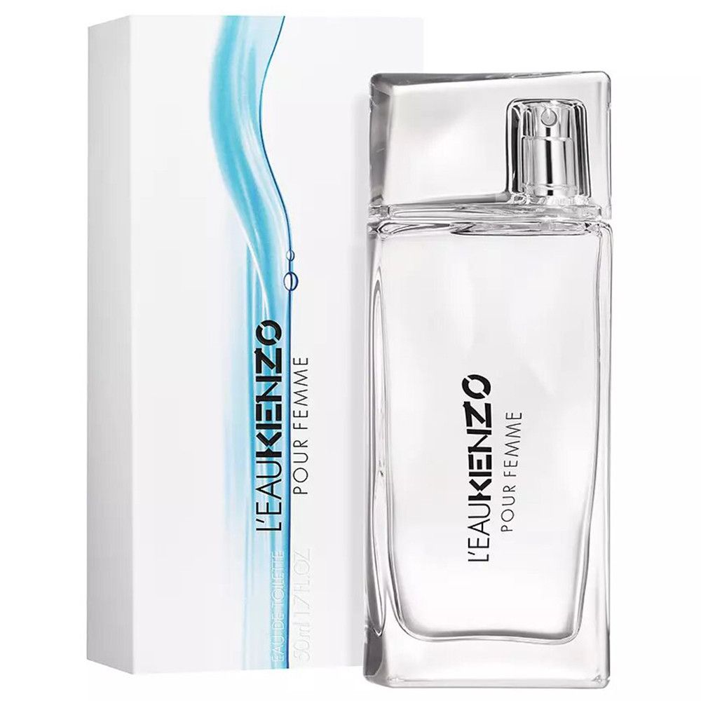 Flakon und Verpackung von Kenzo L'Eau Kenzo Pour Femme. Weißer Karton mit blauem Design. Transparenter Flakon mit silbernem Verschluss.