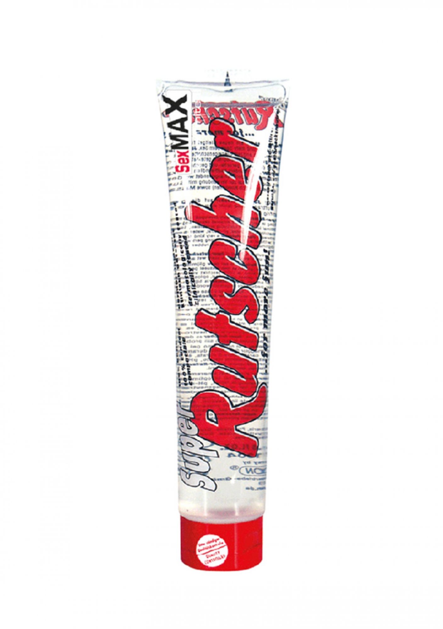 Transparente Tube mit rotem Verschluss. Aufdruck: SexMAX, Super Rutscher, roter Schriftzug. Text: ...for more fun!