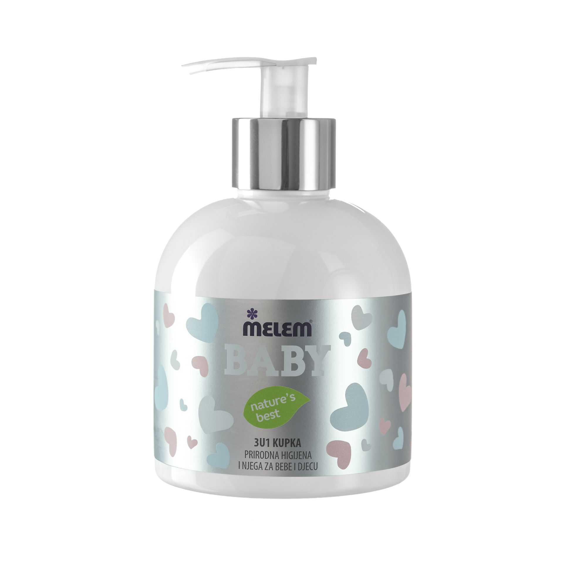 Weiße Flasche mit Pumpe. Aufkleber mit Herzen und Schriftzug MELEM BABY. Aufschrift: nature's best, 3in1 Kupka.