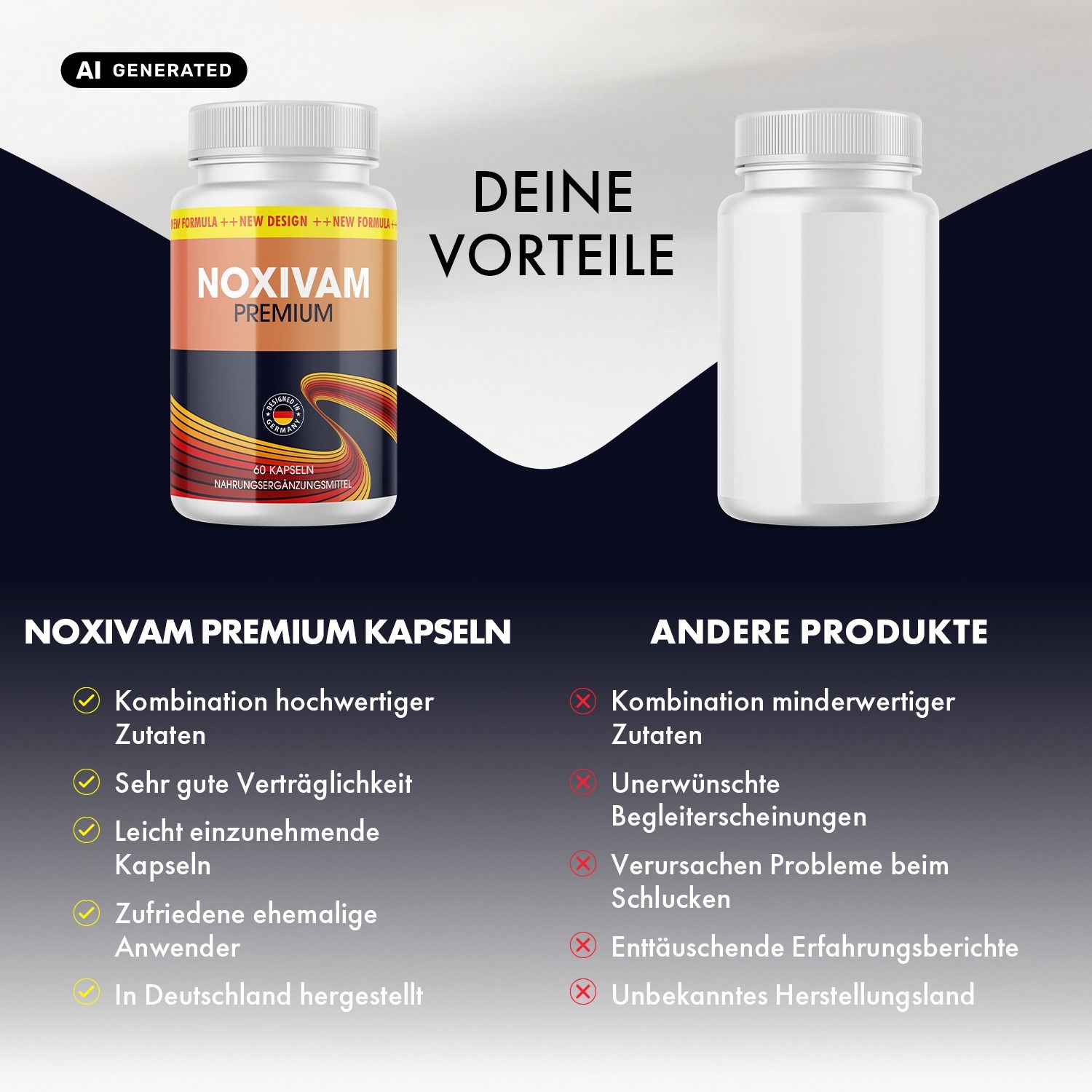Frau nimmt eine Kapsel mit Wasser ein. Flasche Noxivam Premium Kapseln daneben. "Einfache Anwendung".