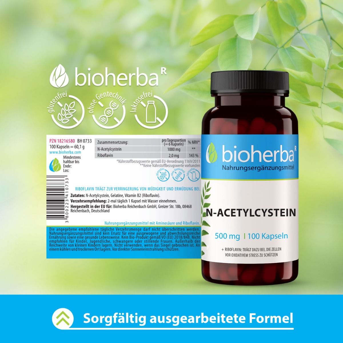 Braune Kapsel-Dose mit blau-weißem Etikett. Text: N-Acetylcystein, 500 mg, 100 Kapseln. Bioherba-Logo. Produktinformationen und Zertifizierungen.