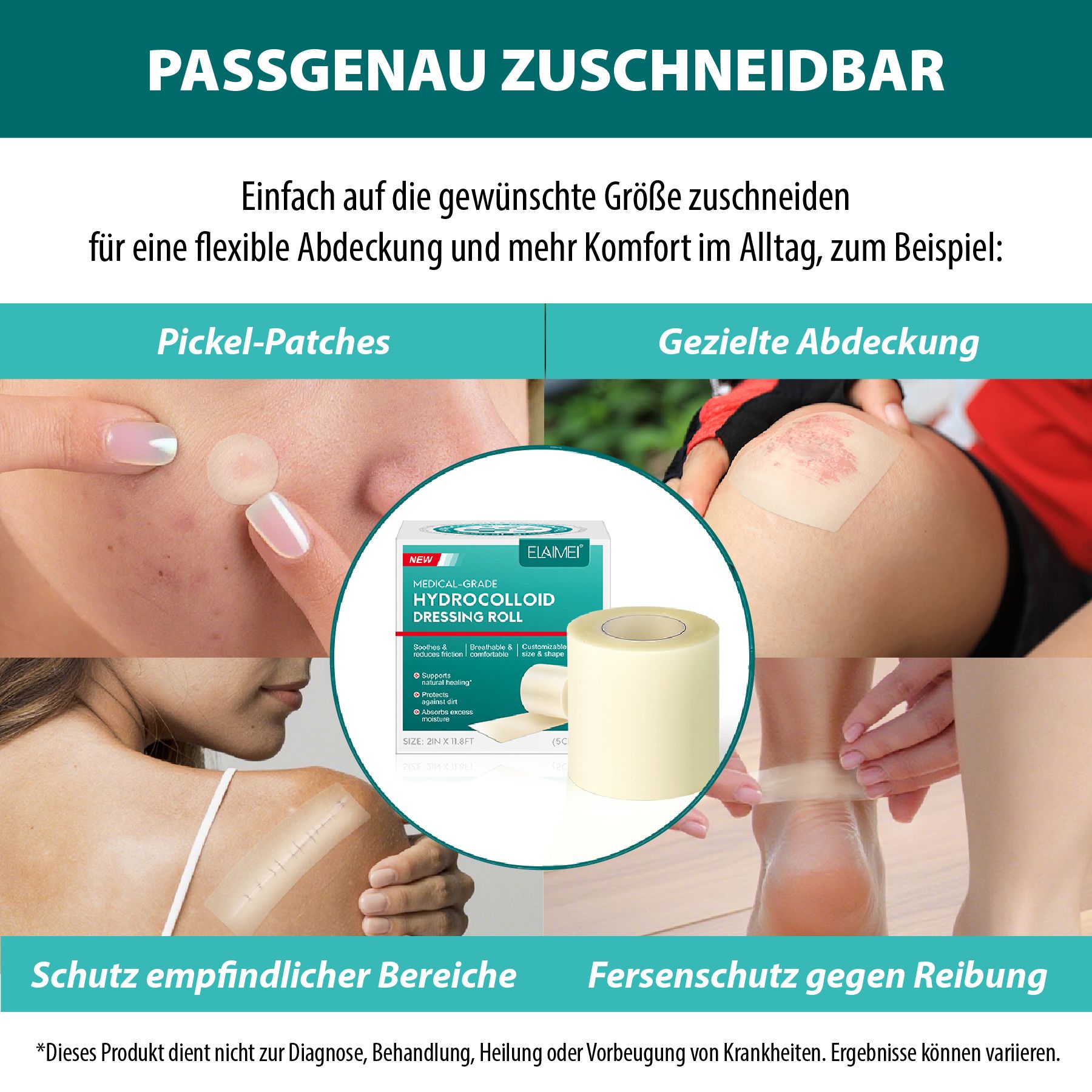 Hydrokolloid Wundpflaster Rolle. Zuschneidbar für flexible Abdeckung. Anwendung an Pickel, Wunden, empfindlichen Bereichen, Fersen.