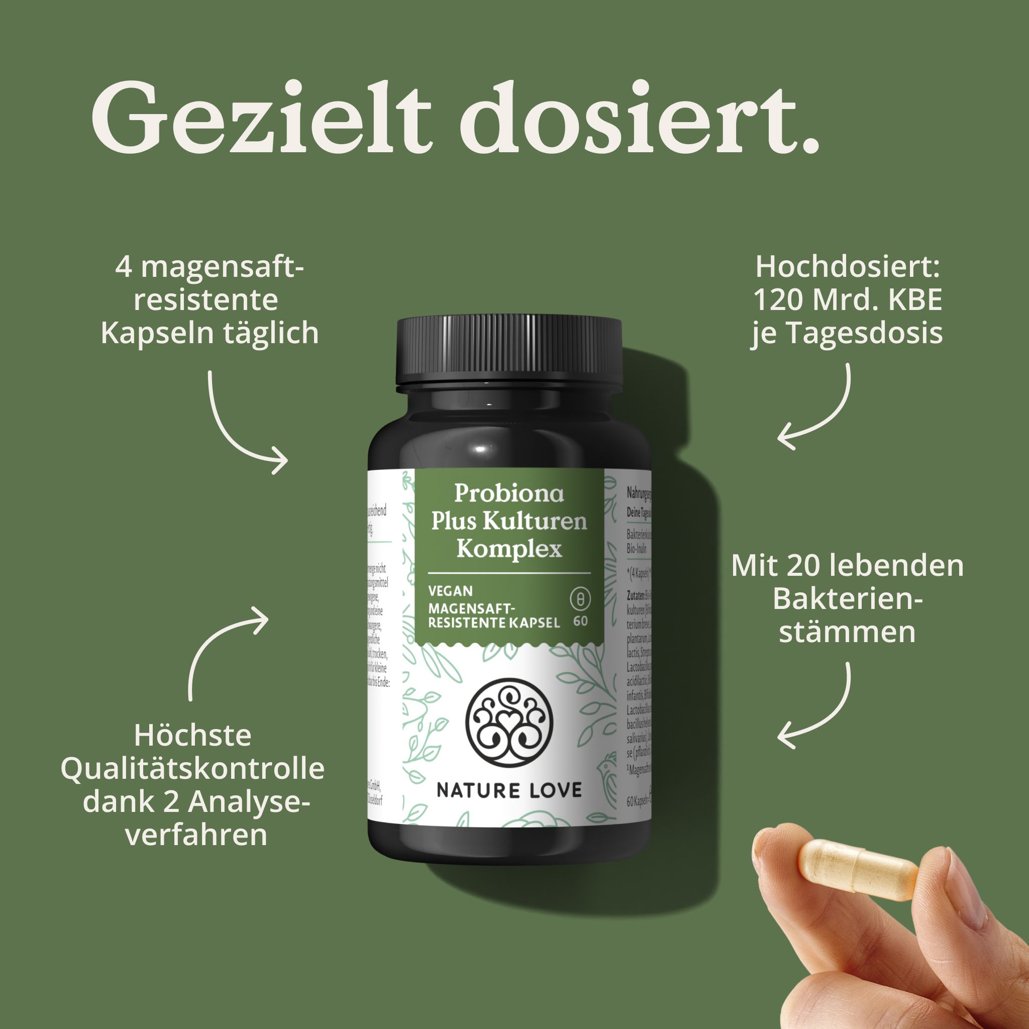 Produktflasche mit Text: Gezielt dosiert. 4 magensaftresistente Kapseln täglich. 120 Mrd. KBE je Tagesdosis. 20 lebende Bakterienstämme. Marke: NATURE LOVE®.