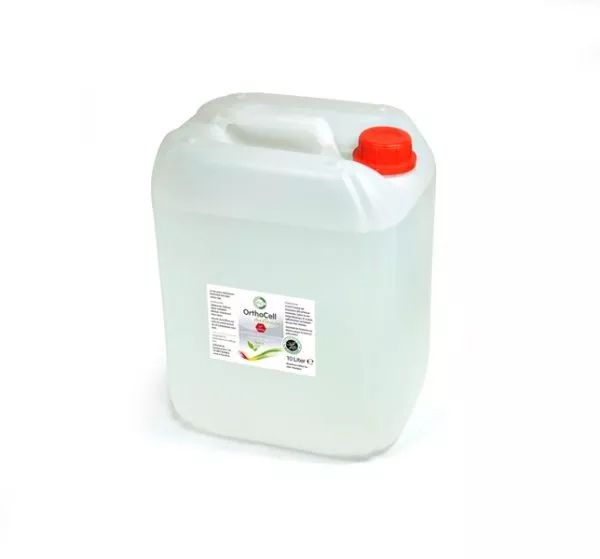 Transparenter Kanister mit rotem Deckel. Etikett mit Produktinformationen. Griff oben.