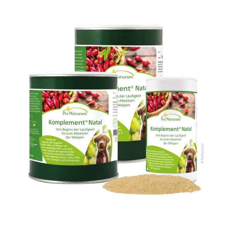 Drei Dosen PerNaturam Komplement Natal, unterschiedlicher Größe, mit Produktetiketten und einem Haufen Pulver.