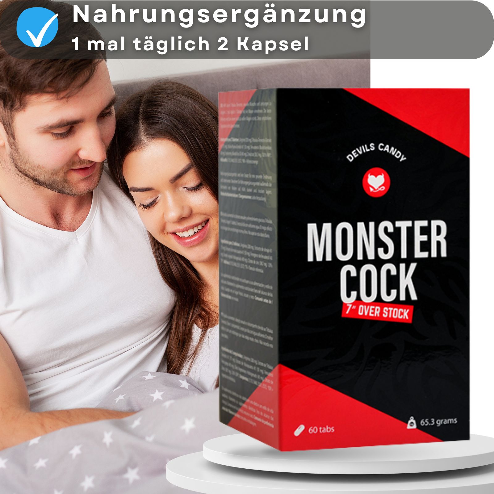 Paar im Bett. Schachtel MONSTER COCK, 60 Tabs, 65.3 grams. Marke: DEVILS CANDY.