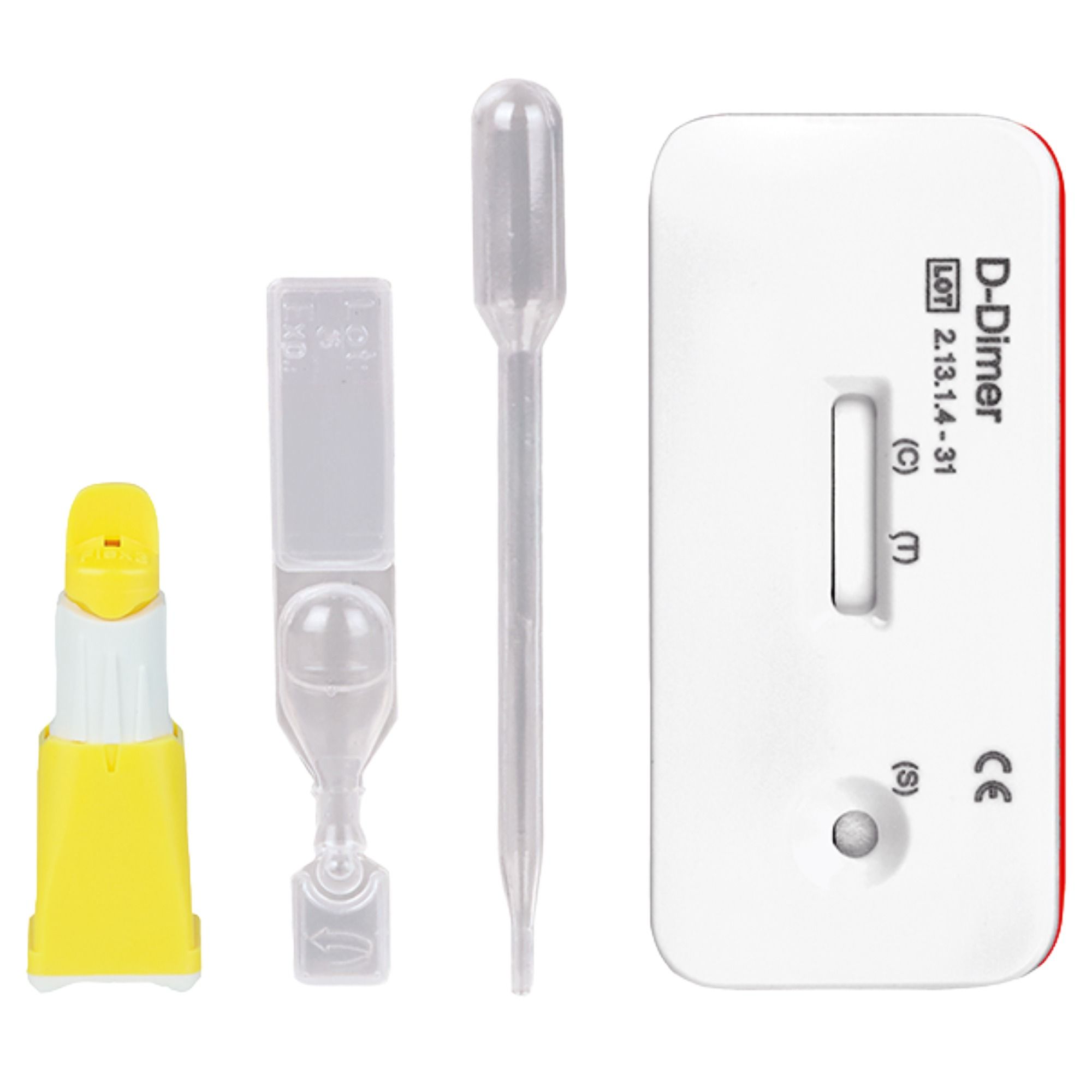 Komponenten des Cleartest D-Dimer Schnelltests. Testkassette, Pipette, Pufferlösung und Lanzette. CE-Kennzeichnung.