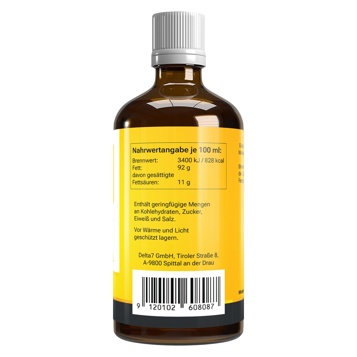 Rückseite der braunen Glasflasche. Gelbes Etikett mit Nährwertangaben pro 100 ml. Barcode unten.