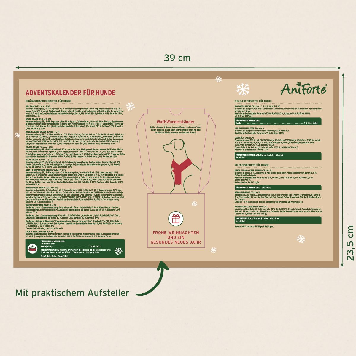 Adventskalender für Hunde, geöffnet. Rückseite mit Produktinformationen und Abmessungen: 39 x 23,5 cm. Marke: AniForte. Mit praktischem Aufsteller.