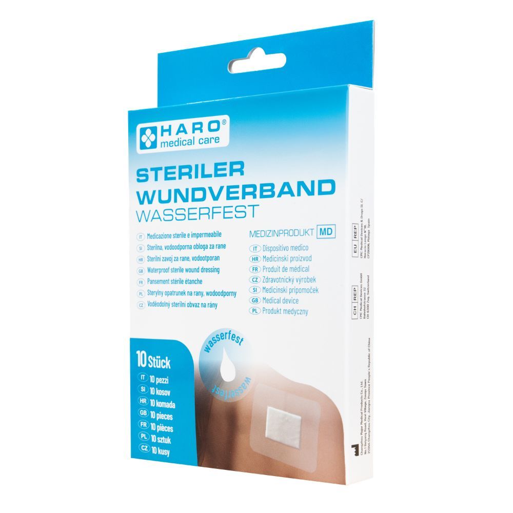 Verpackung mit sterilem, wasserfestem Wundverband. Enthält 10 Stück. Marke: HARO medical care. Aufdruck: Steriler Wundverband wasserfest.
