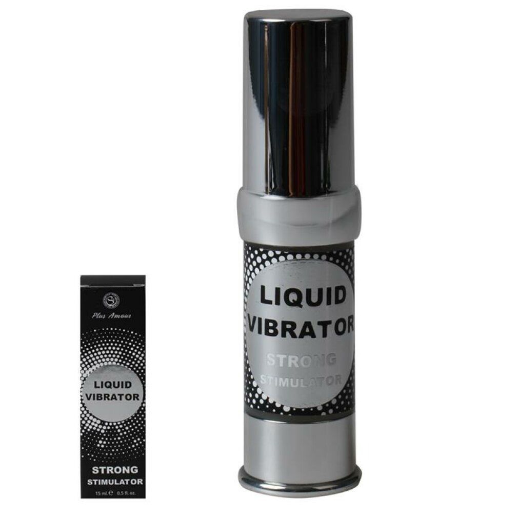 Silberfarbener Behälter und Verpackung mit Aufschrift "LIQUID VIBRATOR STRONG".