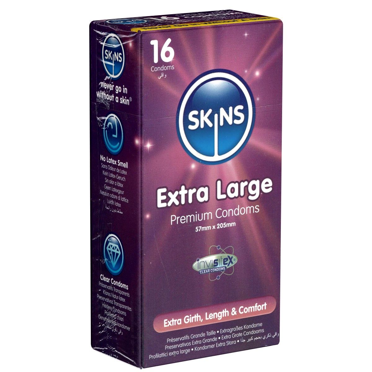 Verpackung von SKINS Extra Large Kondomen. Enthält 16 Stück. Aufschrift: Premium Condoms, 57mm x 205mm. Lila Hintergrund mit weißen und blauen Elementen.