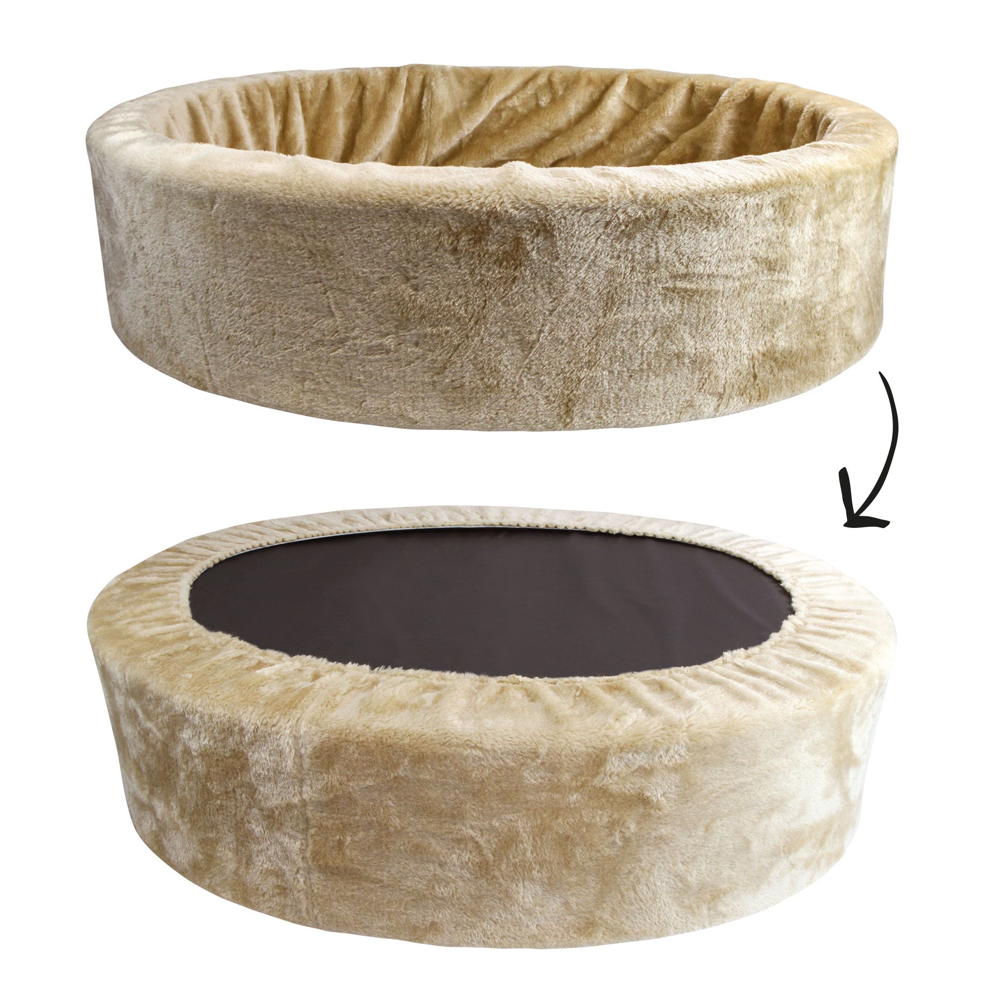 Beige Hundebett, zerlegt. Oberteil mit flauschiger Oberfläche, Unterteil mit schwarzem Boden. Pfeil zeigt die Montage.