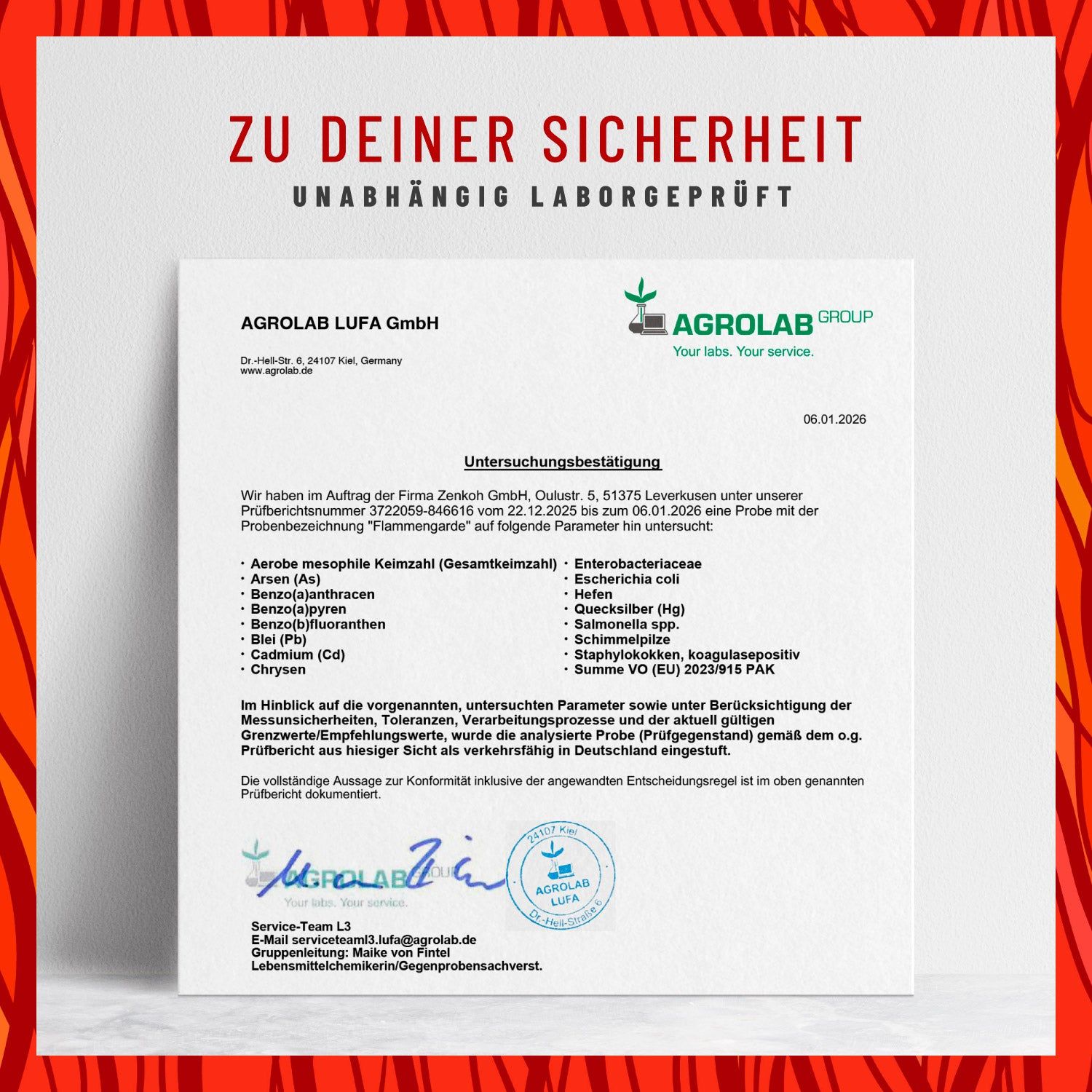 Zertifikat der Agrolab LUFA GmbH. Text: Unabhängig laborgeprüft. Unterschriften und Stempel.