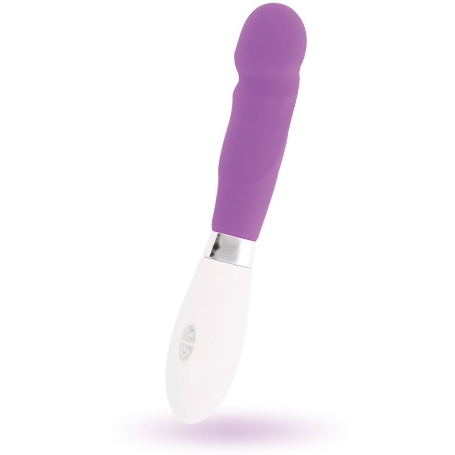 Vibrator mit lila Kopf und Schaft, weißem Griff und silbernem Ring. Auf weißem Hintergrund.